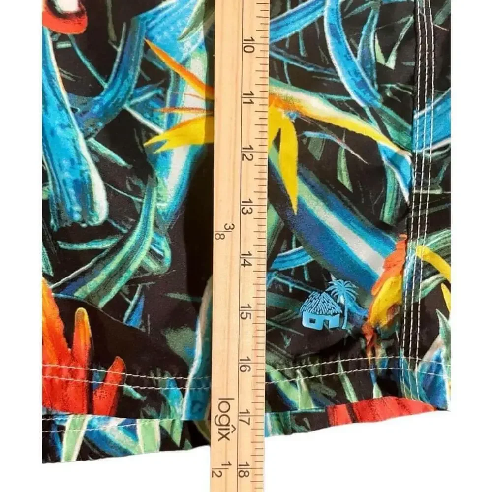 Size M Men's Caribbean Joe Swim Trunks Board Shorts Black Tropical Print Birds
